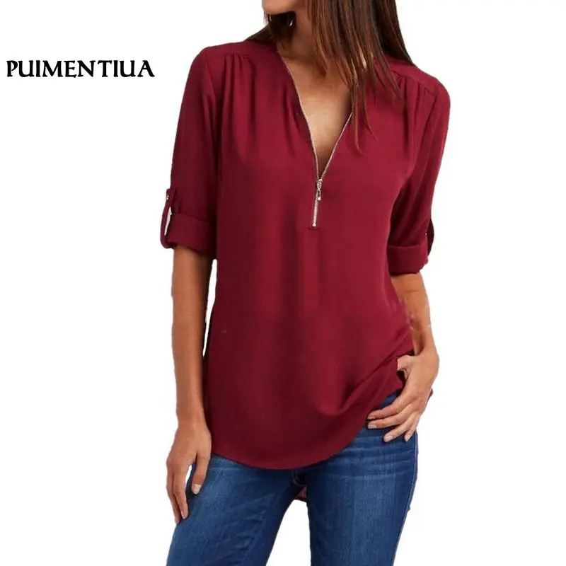 

Puimentiua Women Chiffon Blouse 2018 Summer Elegant V Neck Zipper Blouse Shirts Loose Casual Tops Blusas Camisas Mujer Plus Size