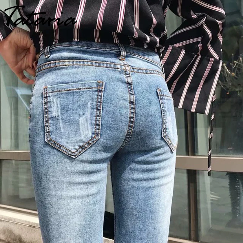 Татария Узкие рваные джинсы женские Проблемные бусы жемчуг Джинсы женские джинсовые штаны женщина Жан Femme 2018джинсы женские джинсы женские рваные