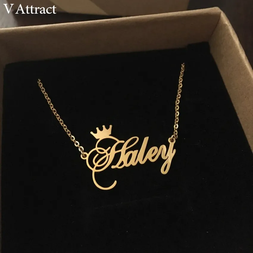 

V Attract Best Friends Gift Personalized Name Necklace Women BFF Jewelry Custom Cursive Crown Choker Femme Rose Gold Collier