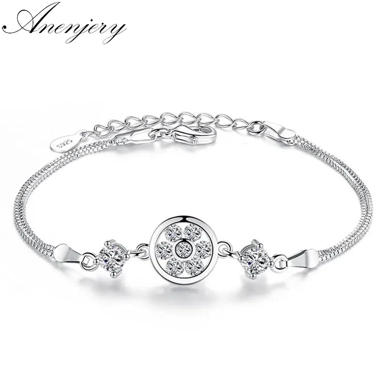 

Anenjery Newest Fashion 925 Sterling Silver Dream Round Zircon Flower Four Claws Crystal Bracelets & Bangles pulseira S-B39
