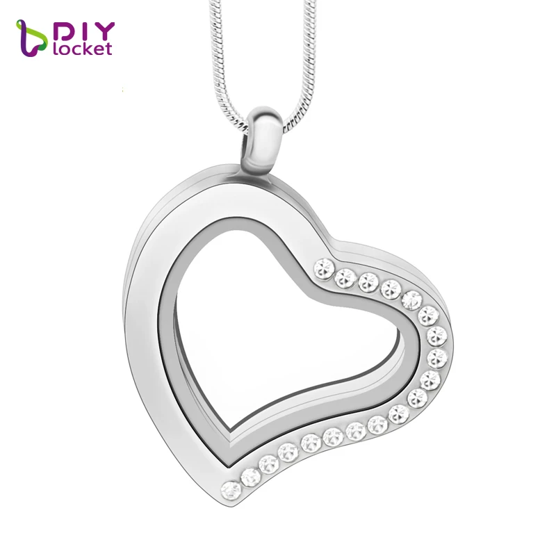 

Diylocket 30mm Silver Heart Half Rhinestone magnetic glass floating charm locket Alloy (chains included for free) LSFL06-1*5