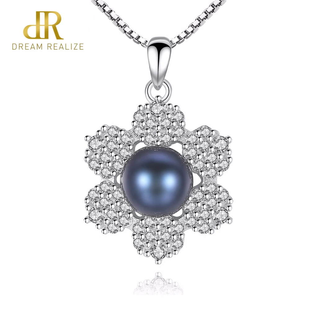 

DR Brand Romantic Six Petal Black Natural Pearl Pendant Chain Necklace For Women Sterling Silver Jewelry Party Gifts