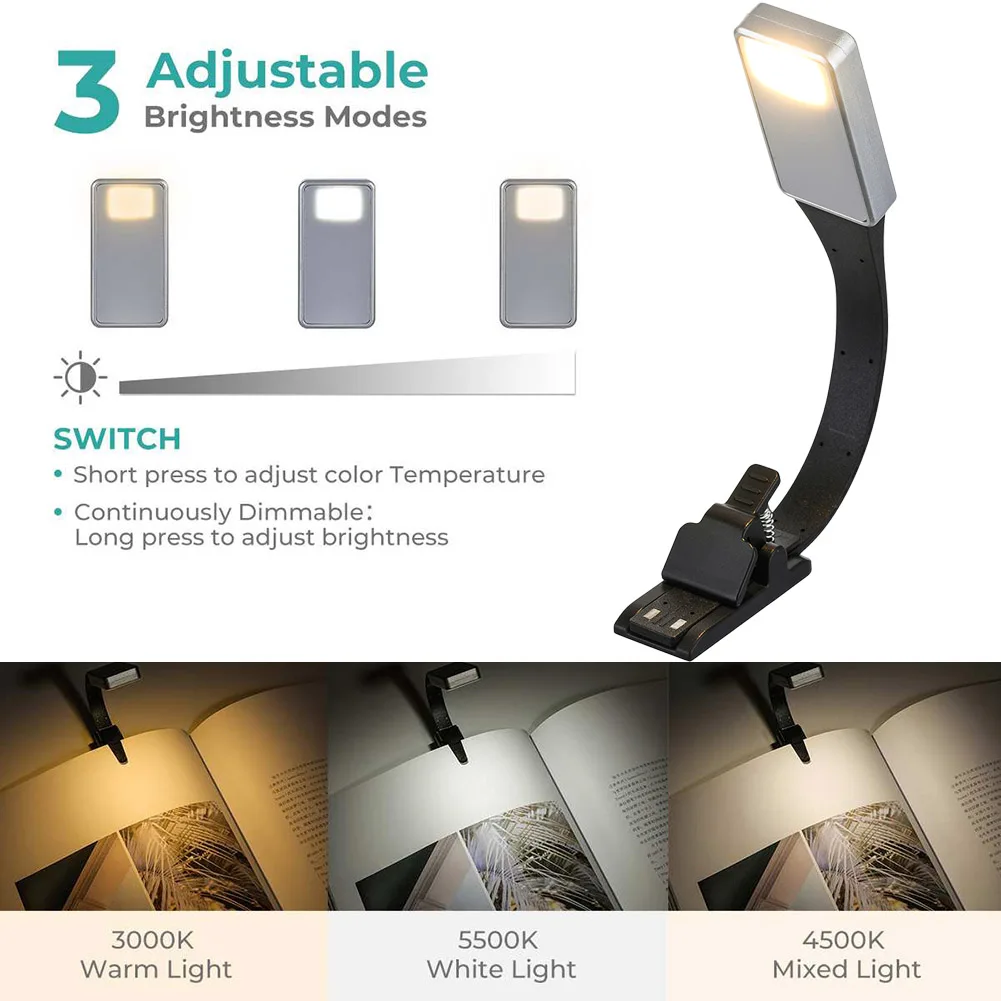 

Clip-on Reading Light Lamp Flexible Adjustable USB Rechargeable for eBook Readers Book LE66