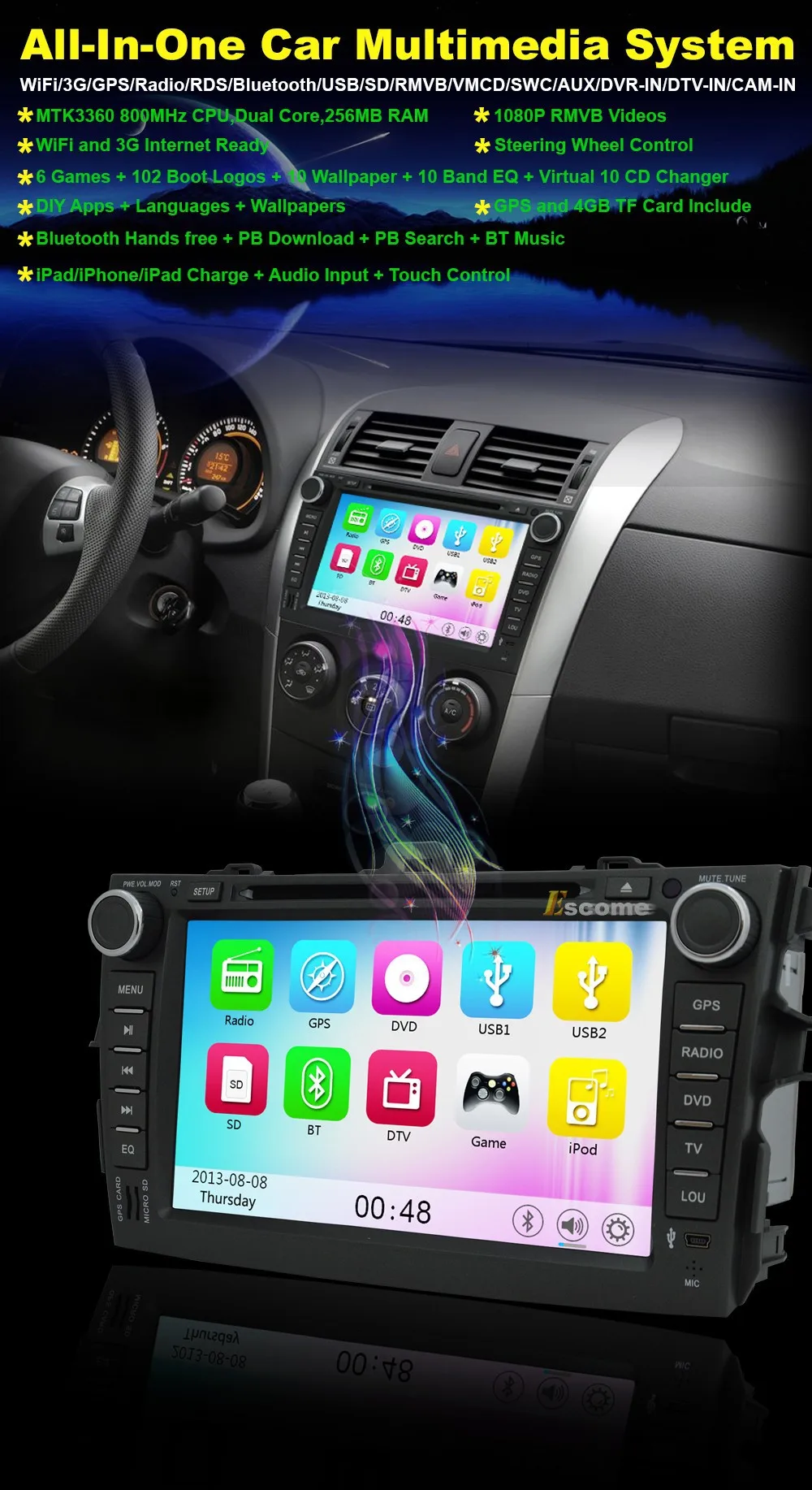 Clearance MTK3360 Car DVD Player For Toyota Corolla 2006 2007 2008 2009 2010 2011 with 800MHz CPU Dual Core Bluetooth Radio GPS Navigation 0