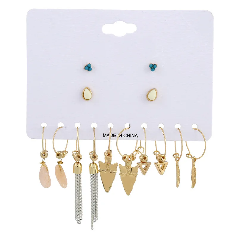 

7 Pairs/Set Alloy Gold Color Mixed Hoop Earrings Vintage Chain Triangle Feather Stone Earring Set For Women Brincos