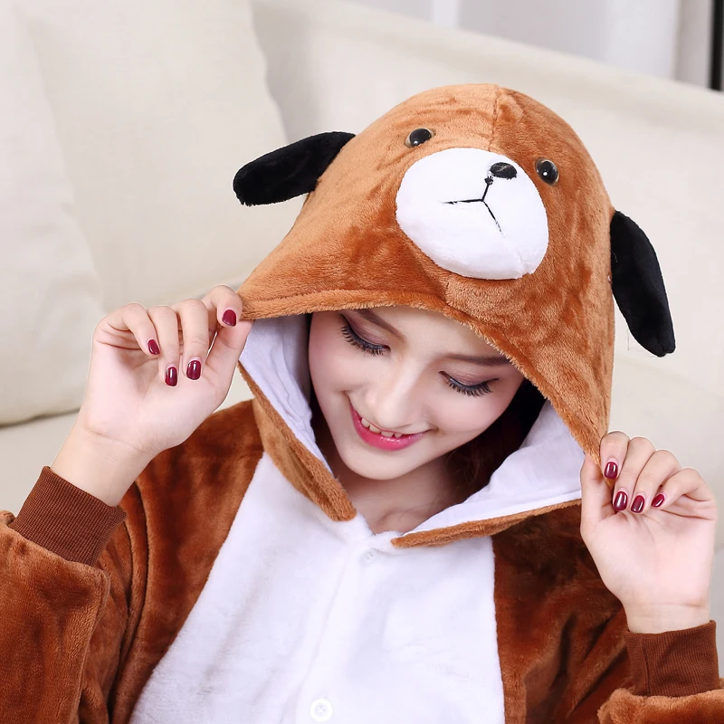 Cute Brown Dog Onesie Flannel One-Piece Pajamas Kigurumi Animal  Doggie Sleepwear Women And Men For Halloween Cosplay Party (7)