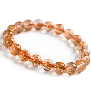 

9.5mm Popular Natural Copper Hair Rutilated Quartz Crystal Round Beads Stretch Bracelets