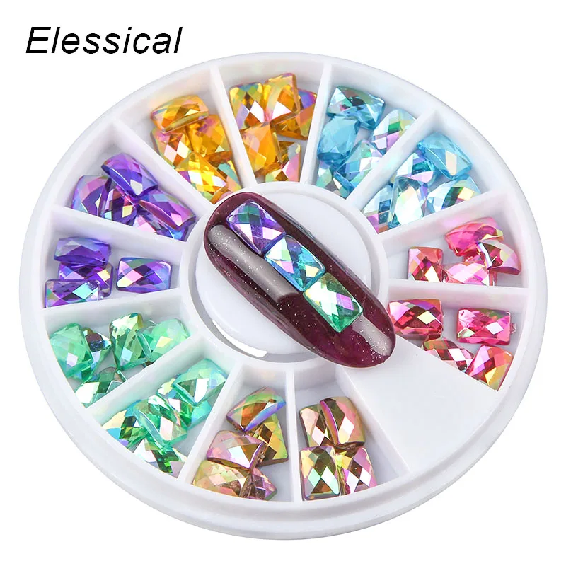 

ELESSICAL 4*6mm Colorful Holographic AB Acrylic Nail Rhinestones Rectangle 3D Nail Art Decorations Manicure Tool In Wheel WY1124