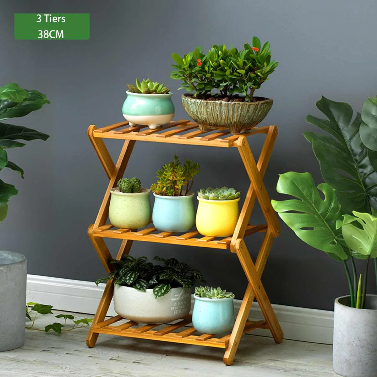 2/3/4/5 Tiers Foldable Natural Plant Stand Flower Pot Decor Shelf Garden Balcony Planter Flower Pot Tray Display Rack