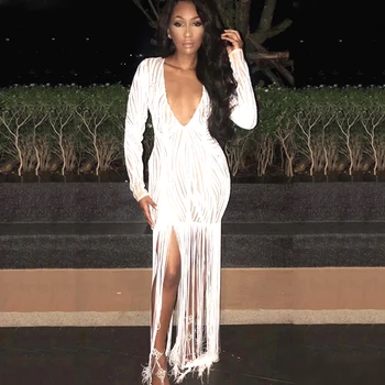 

2018 hot sale fashion dress sexy women deep v-neck tassel sequined full night club celebrity body con dresses wholesale