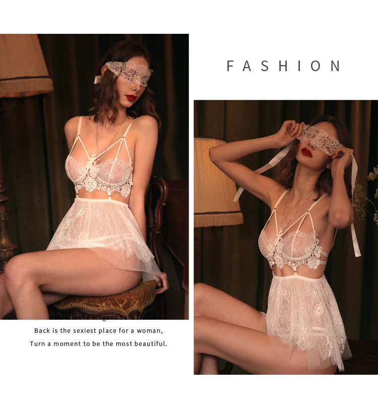 Summer Sexy Nightgowns Eyelashes Lace Perspective Temptation Straps Nightdress Embroidery Hollow Sexy Lingerie for Women