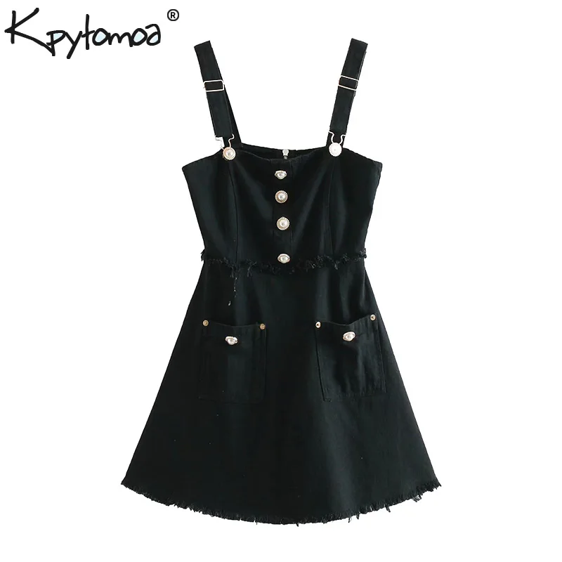 

Vintage Stylish Faux Pearl Buttons Fayed Strap Mini Dress Women 2019 Fashion Back Zipper Sleeveless Dresses Casual Vestido Mujer