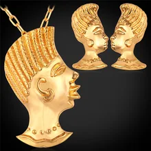 Africa Vintage Beauty Head Jewelry Stud Earrings And Pendant Necklace Set For Woman Gold Plated African Jewelry Set PE1154