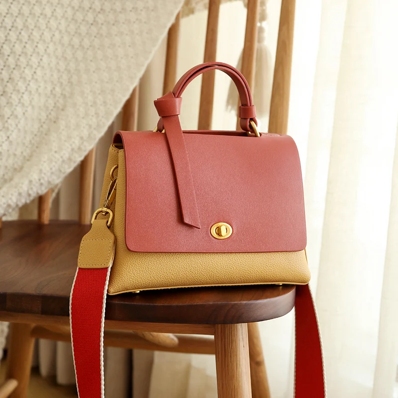 

WOONAM Women Fashion Handbag Top Hide Genuine Calf Leather Contrast Color Top Handle Bag WB1001