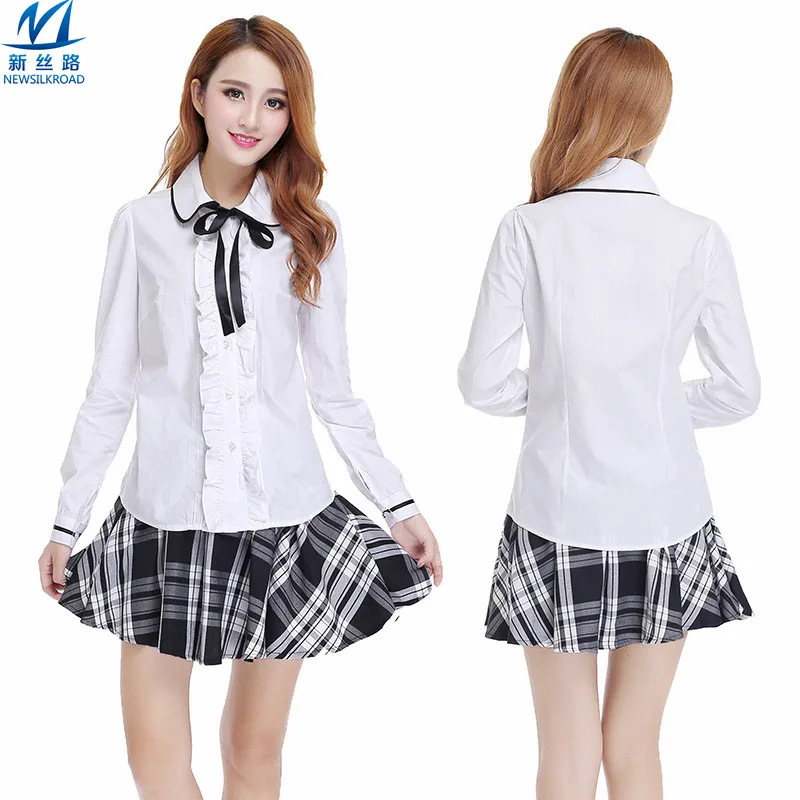 봄 프레피 2 개 세트 여성 그리드 스커트 & 화이트 블라우스 전체 선원 대학 유니폼 여성 짧은 학교 대학원 옷uniform