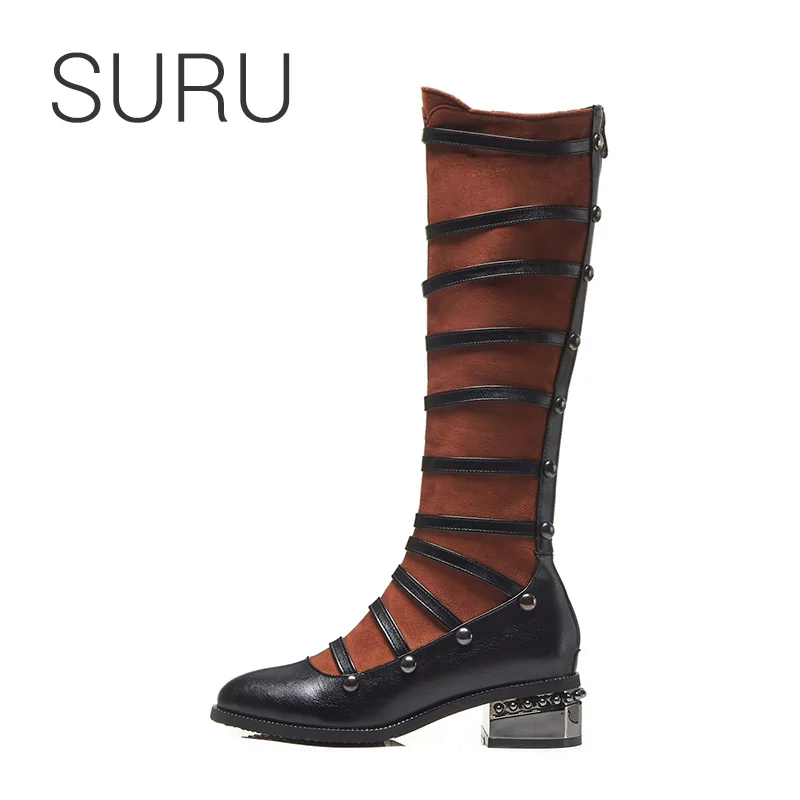 

SURU Women Strap Patchwork Knee High Boots With Low Block Heel Winter Long Boots plus large big size 33-48