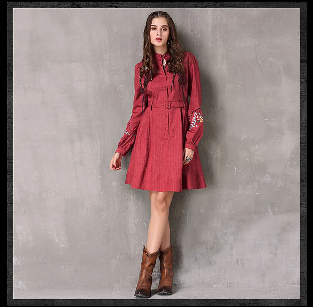 Vintage Spring Women's Dress 2018 New Cotton Linen Vestidos A-line Lantern Sleeve Stand Collar Belted Red Dresses For Women (14)