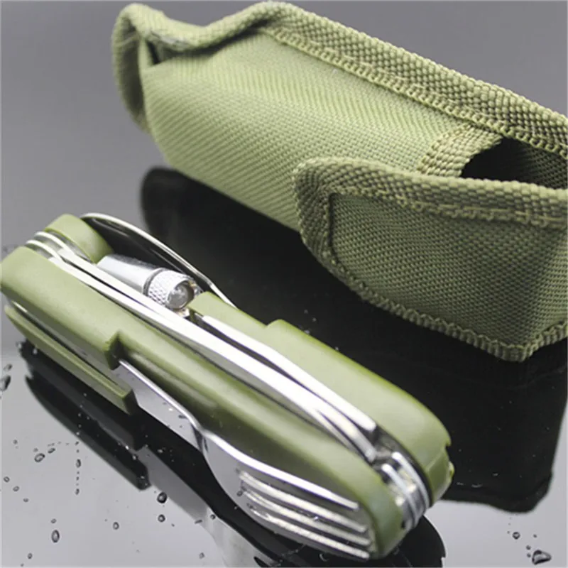 

Outdoor Tableware With Led Light Stainless Steel Folding Hiking Camping Tool Dinnerware Fork Spoon Knife Set Bottle Opener