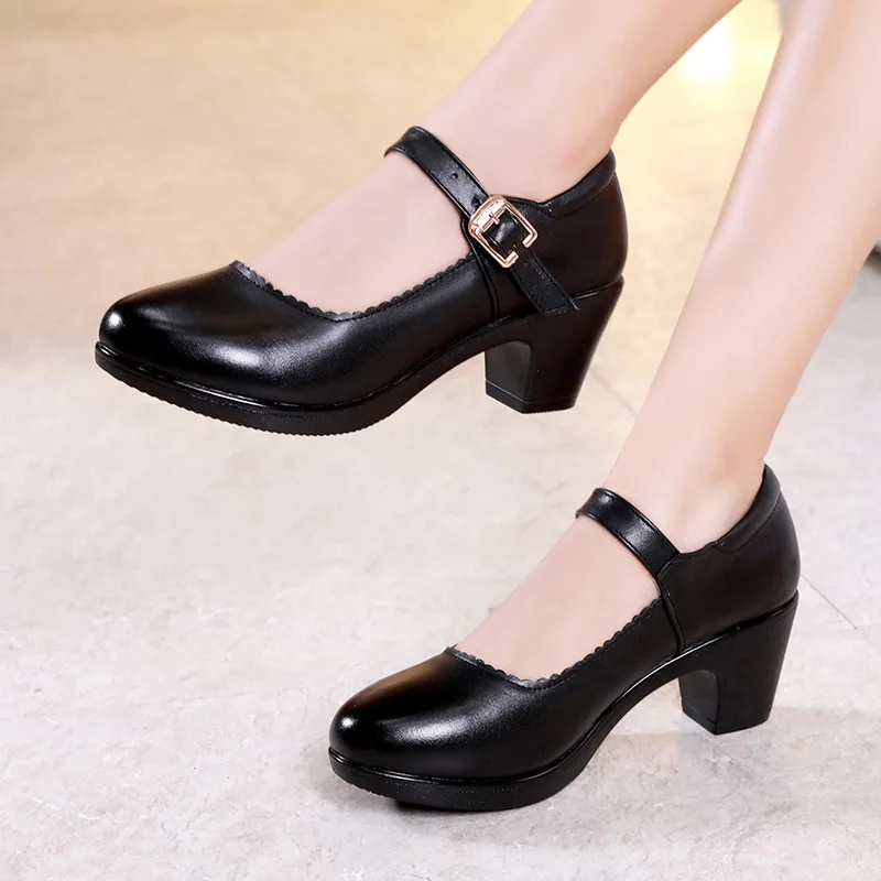 Новинка года; женские туфли на среднем каблуке 5 см; черные женские туфли на квадратном каблуке с пряжкой; туфли-лодочки на платформе; Танцевальная обувь для работы - Цвет: Черный