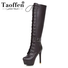 TAOFFEN/плюс размер 31–45 женская обувь на шнуровке и платформе 13 см супер высокий тонкий каблук сапоги до колена высокие сапоги на молнии; сапоги Для женщин толстые плюшевые, с мехом внутри