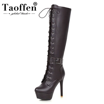 

TAOFFEN Plus Size 31-45 Shoes Lace Up Platform 13cm Super Thin High Heels Knee-high Zip Boots Women Thick Plush Fur Inside