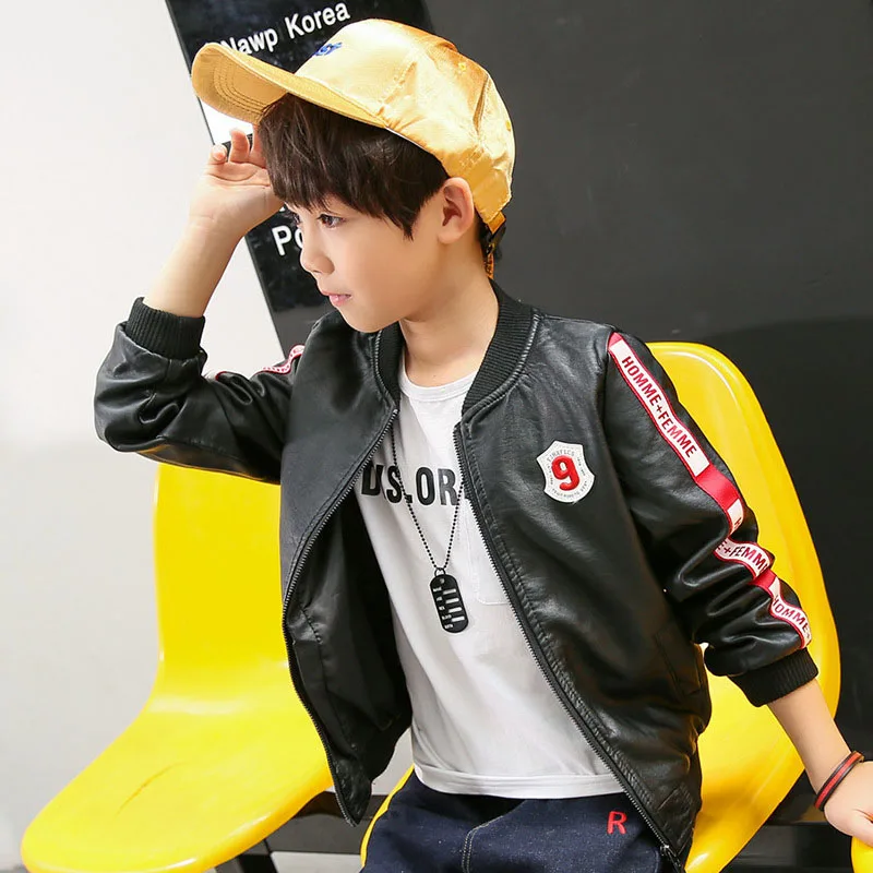 spring autumn boys leather coat letter jacket red ribbon kids pu boys letter jackets