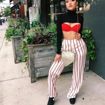 

2019 Women Sexy Striped Wide Leg Pants 2019 Summer Fashion Loose High Waist Pants Elastic Waist Long Trousers