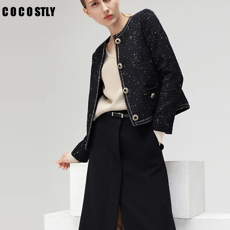

Elegant Ladies Runway Luxury Black Tweed Jacket Round Neck Long Sleeved Jacket Women Clothes Multi Pockets casaco feminino