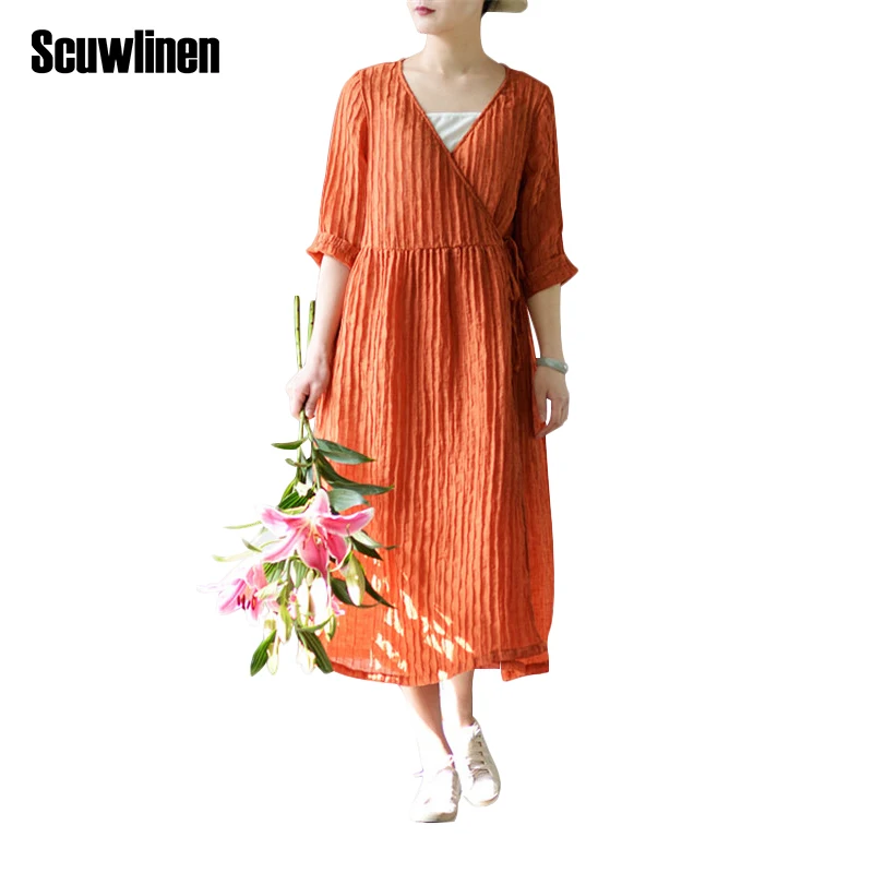 Buy Cheap SCUWLINEN 2017 Spring Summer Dress Women Solid Vintage V-neck Loose Three Quarter Long Linen Dress for Women Casual Vestido S205