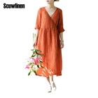 Save 21.66 on SCUWLINEN 2017 Spring Summer Dress Women Solid Vintage V-neck Loose Three Quarter Long Linen Dress for Women Casual Vestido S205