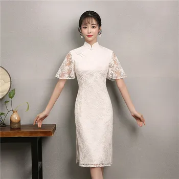 

Chinese Style Women Evening Party Dressing Gown Elegant Slim Cheongsam Lace Short Sleeve Qipao Sexy Female Split Vestidos