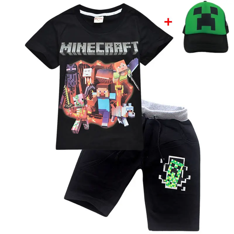 

Summer cartoon children's suit Minecraft cotton boys and girls short-sleeved T-shirt + pants children's sports suit clothing