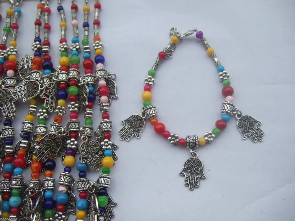 Tibet Tribal Style Glass Beads Antique Silver Hamsa Hand Charm Bracelet