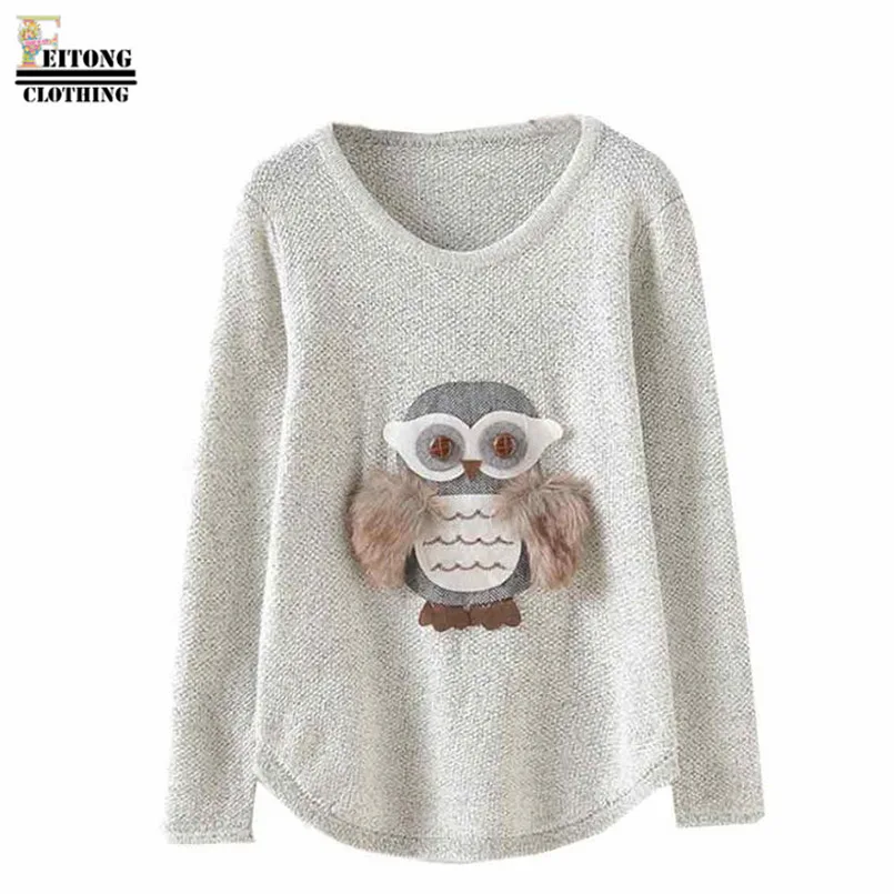 

FEITONG Woman sweater 2016 Owl Print Long Sleeve Loose Round Neck Sweater Knitted Autumn Winter pull gilet femme manche longue