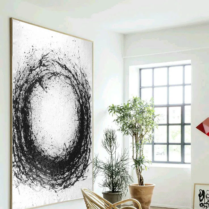 Large Abstract Art, Hand Made Painting Minimalist Art, Abstract Painting On Canvas, Modern Art Circle. Black White
