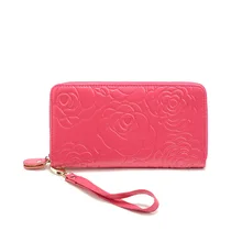 New Brand Fashion Multifunctional Purse Floral Zipper Wallets Real Leather Long Women Purse Clutch Strap Hand Bag Lady Gift Red