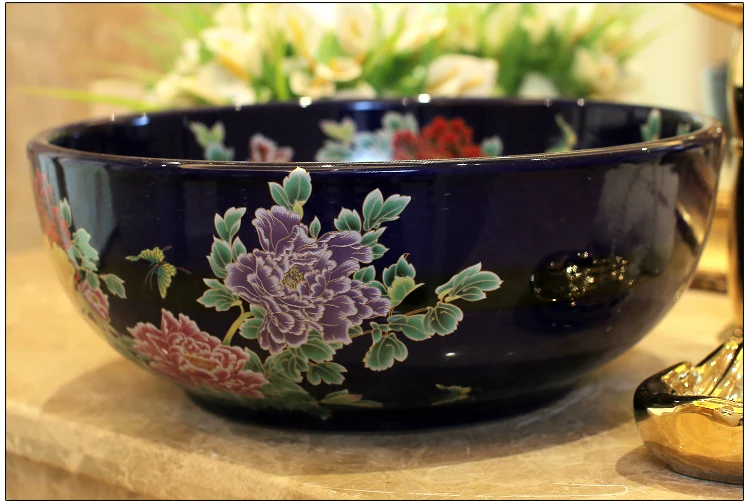 Europe Vintage Style Lavobo Ceramic Washing Basin Counter top Bathroom Sink hand painted vessel sinks Peony painting black (1)