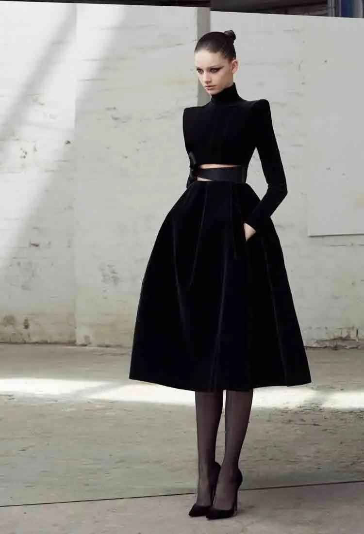 Чёрное платье пачка для женщин уличная стойка воротник длинный рукав длиной до колена А-силуэт винтажное тонкое элегантное платье Q026 - Цвет: Черный