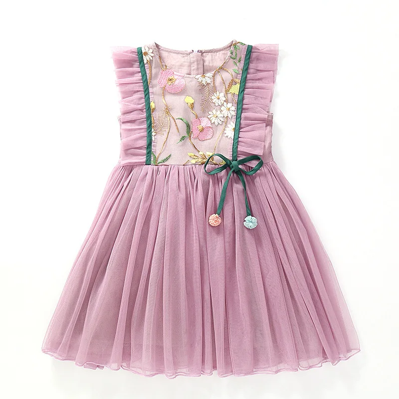 Children Girls Lace Embroidery Purple Color Princess Dress Mesh Tutu Ball Gown Ruffles Party Kids Girl Dress