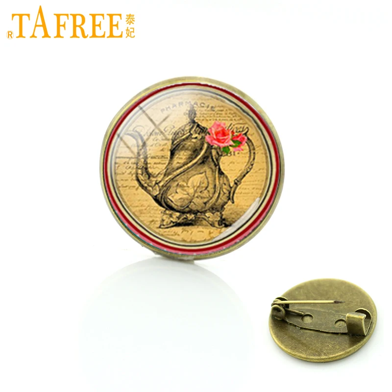 

TAFREE High quality teapot Art flower photo brooches vintage Alice in Wonderland tea party brooch pin teapot badge jewelry C1374