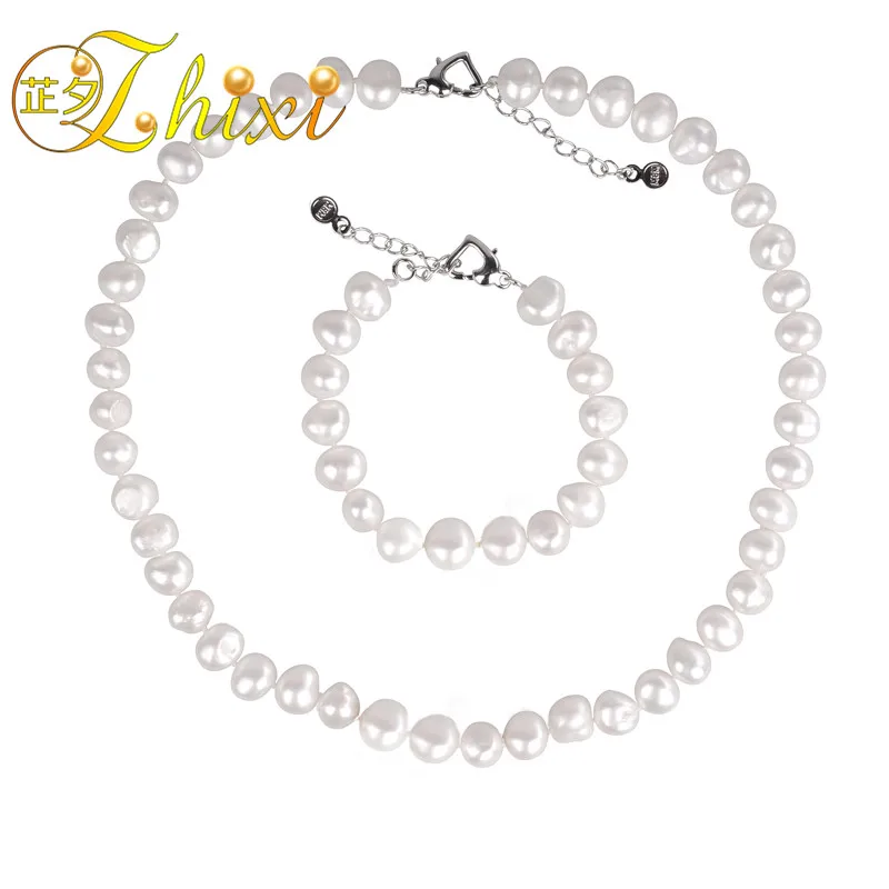 

[ZHIXI] Pearl Jewelry Set Natural Pearl Necklace Choker Necklace Bracelet Genuine White Freshwater Fine Jewelry For Women st23
