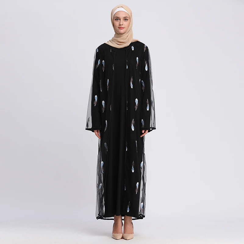 Buytize черные сетки с вышивкой перо креп Бохо плюс размер abaya Дубайский