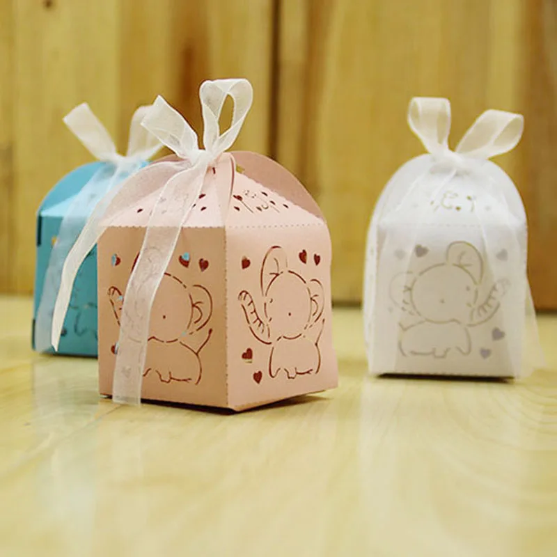

10pcs/lot 3Colors HOT! Creativity European Wedding Party Favors Candy Boxes Ribbon Lovely Elephant Hollow out Paper Sugar Boxes
