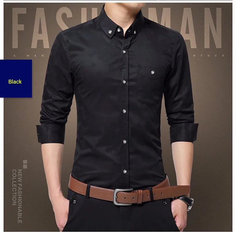 2019 Новая модная мужская рубашка с длинным рукавом жаккардовая ткань Slim Fit рубашка мужская деловая Повседневная хлопковая рубашка мужская