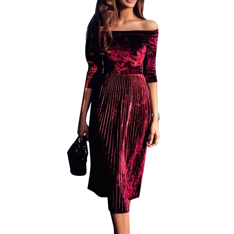 

Slash Neck Velvet Winter Dress 3 Colors Elegant Pleated Dress Women Lady Party Dresses Elegant Evening Vestidos