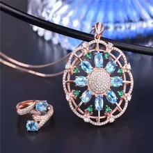 Природный Голубой топаз комплект S925 серебряной инкрустацией синий драгоценный камень кулон кольцо набор