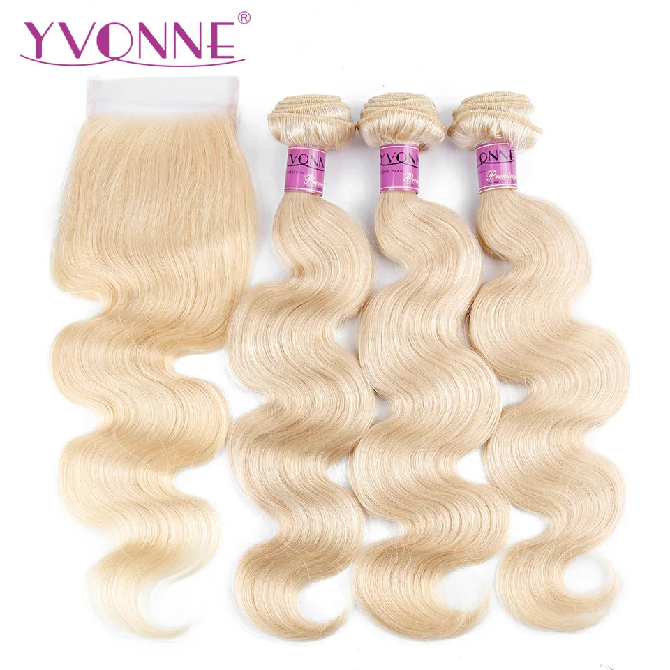 Yvonne бразильские волосы remy волнистые светлые пучки с закрытием 3 шт Цвет 613 человеческие волосы пучки с закрытием 4x4