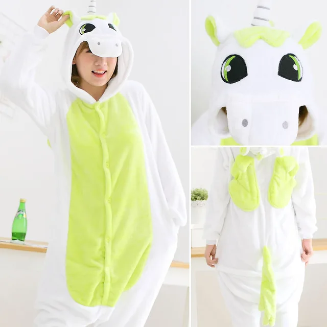 Women Unicorn Pajamas Sets Flannel Cute Animal Pajamas kits Women Winter unicornio Nightie Pyjamas Sleepwear Homewear - Цвет: green unicorn