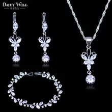 Лучший прекрасный подарок для женщин и леди, чистый белый кристалл, 925 штамп, серебряный цвет, ювелирные наборы для женщин, красивые браслеты с бабочкой