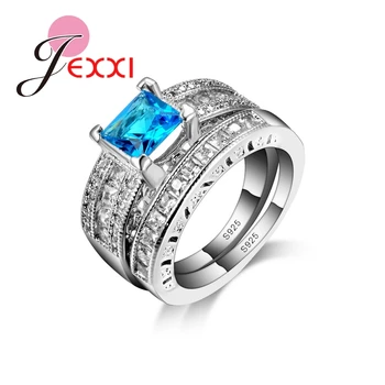 

Simple Design Princess Cut CZ Crystal Women Wedding Ring Set 925 Sterling Silver Engagement Finger Ring Set 2 Piece/Set